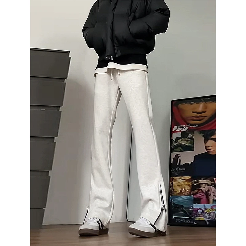 花灰色微喇卫裤男款冬季潮牌美式高街侧拉链裤子高个子直筒休闲裤