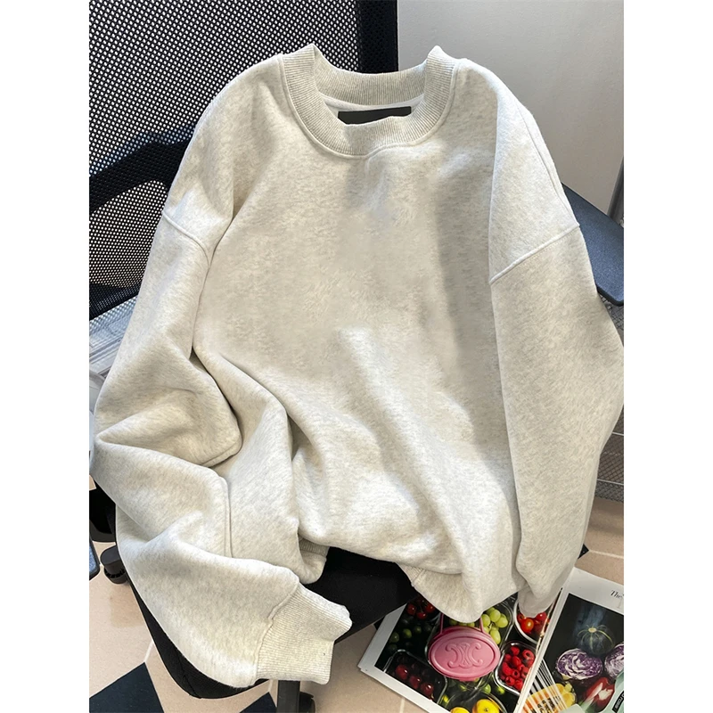 花灰色美式圆领卫衣男款春季潮牌加厚重磅长袖t恤宽松内搭打底衫