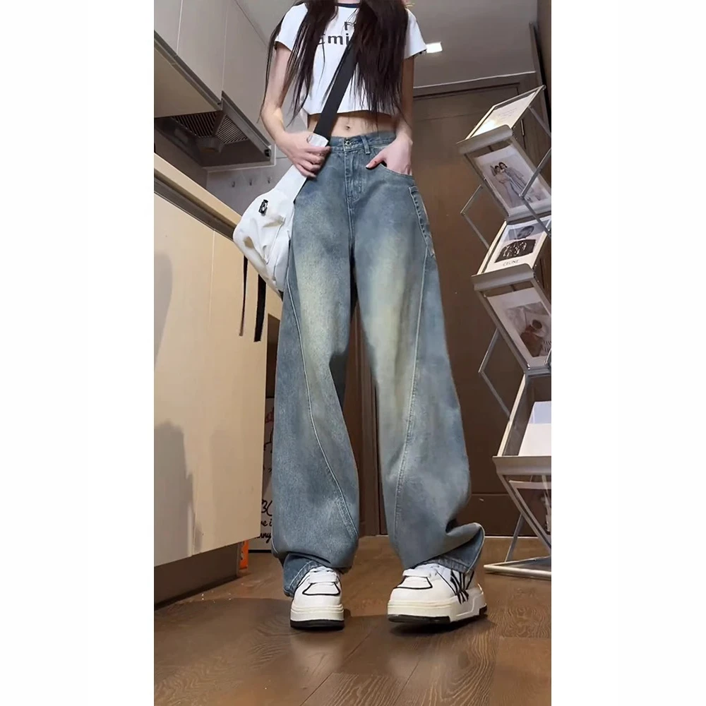 美式复古蓝弯刀牛仔裤男款系皮带阔腿情侣裤子工装水洗直筒加长裤