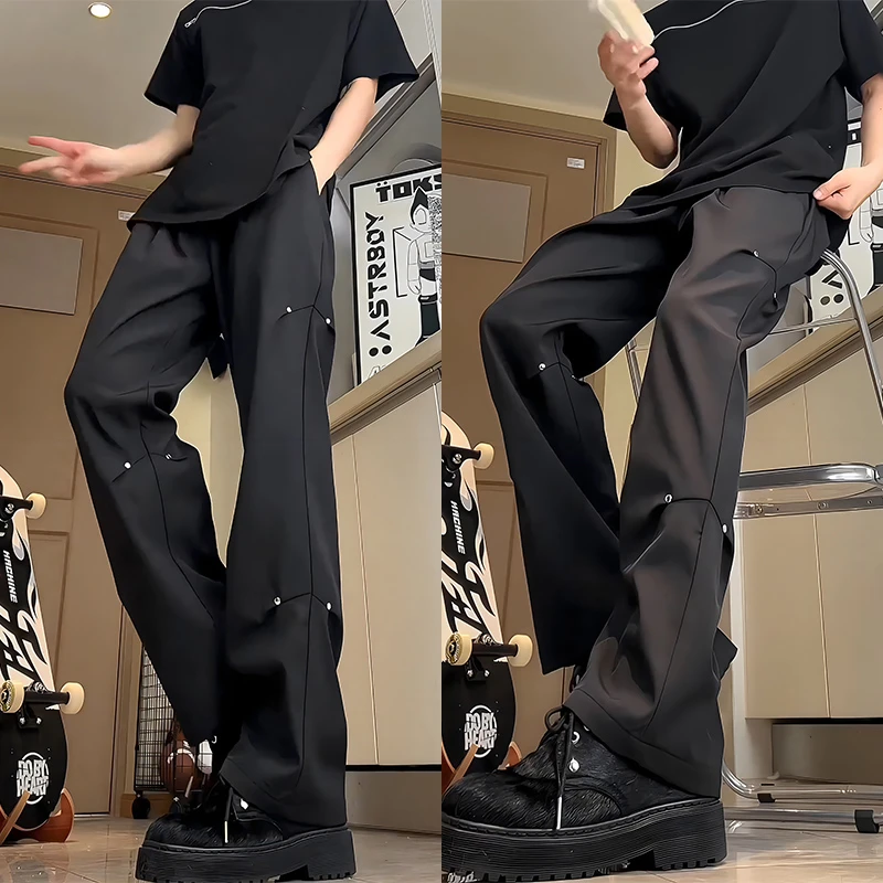 黑色冰丝速干西裤夏季新款美式vibe微喇裤子男褶皱铆钉直筒伞兵裤