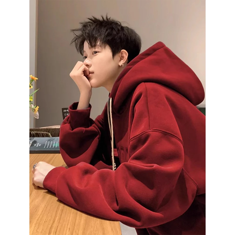 青岛即墨重磅暗红色卫衣男连帽潮流硬挺美式中山外套潮牌oversize