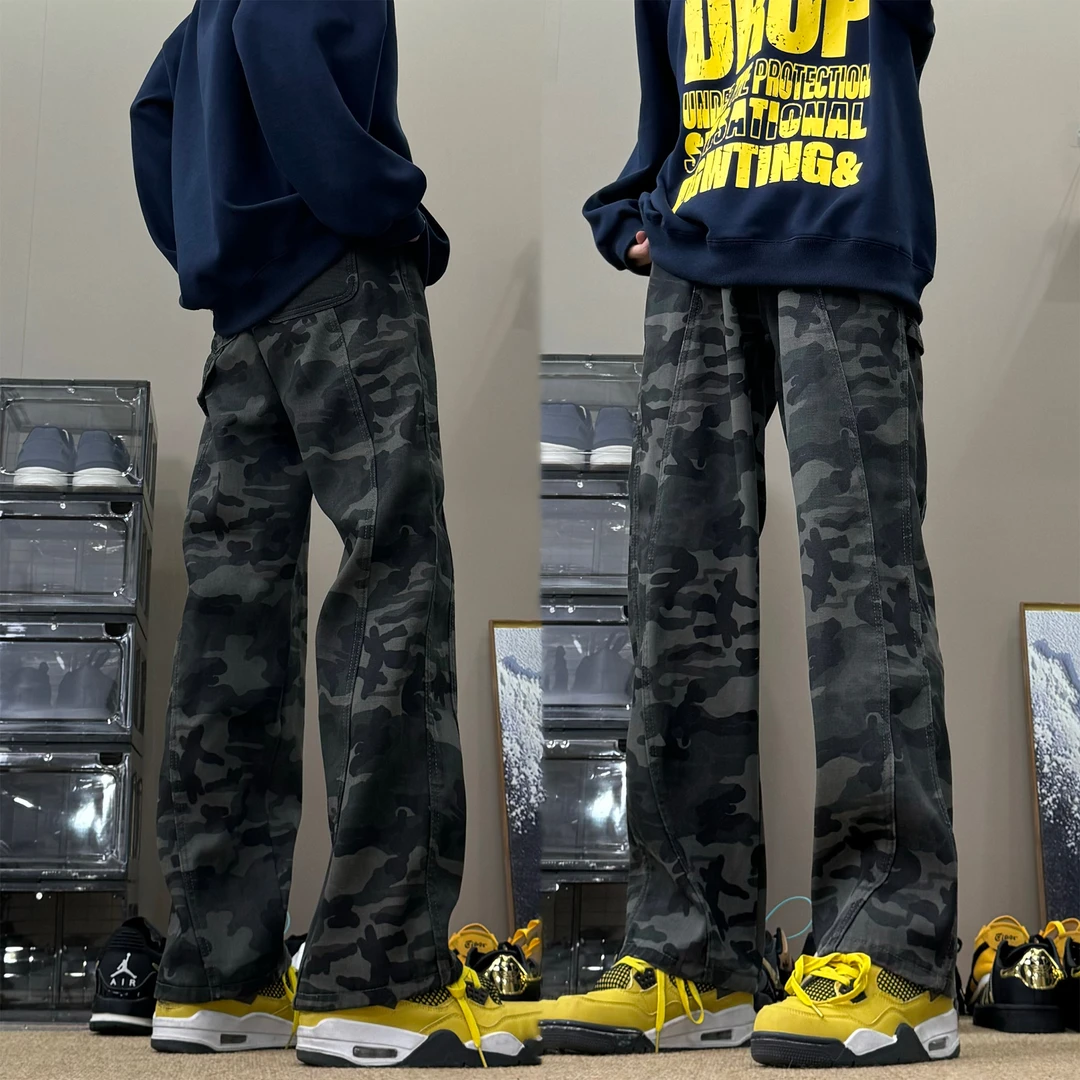 美式复古迷彩牛仔裤子男款春夏休闲直筒裤高街hiphop伐木工装裤