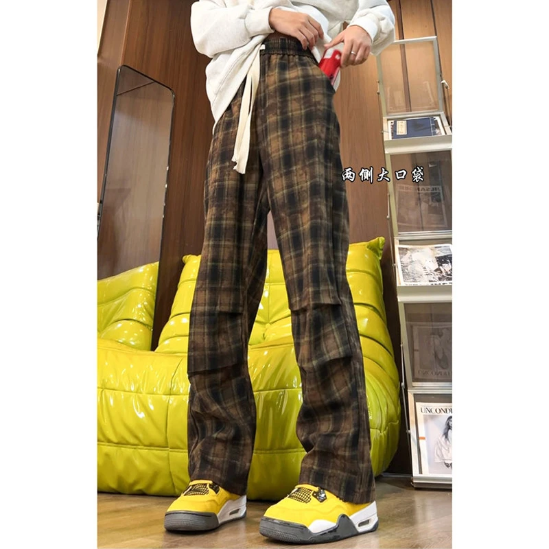 美式复古咖色格子裤子男款春秋慵懒风休闲卫裤抽绳直筒格纹微喇裤