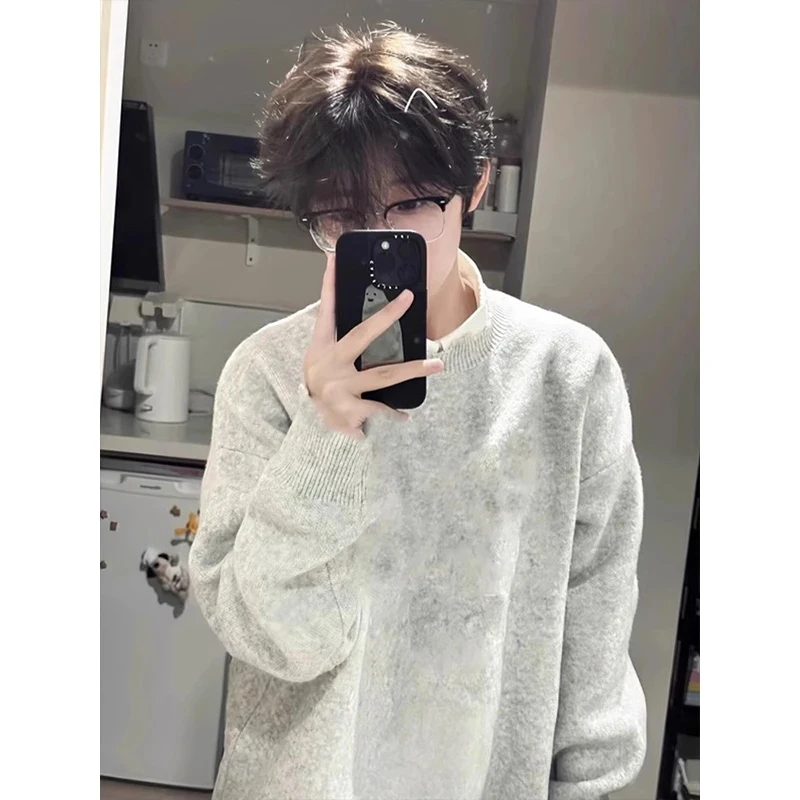 cleanfit灰色圆领毛衣男款春秋款高级感慵懒风美式内搭打底针织衫