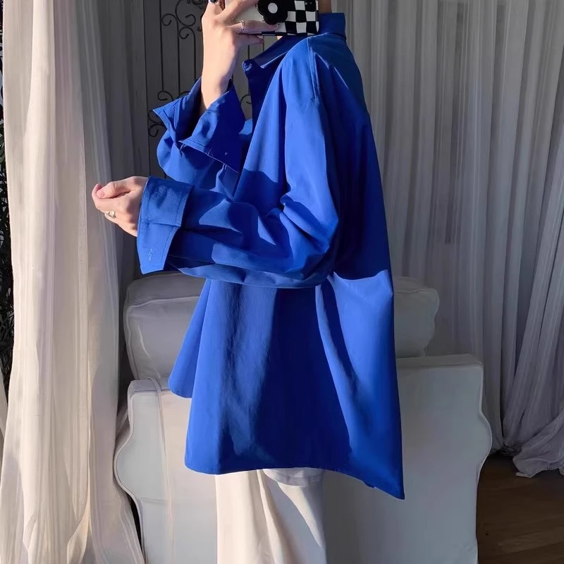 克莱因蓝衬衫男女设计感小众日系cityboy长袖衬衣高级感情侣上衣