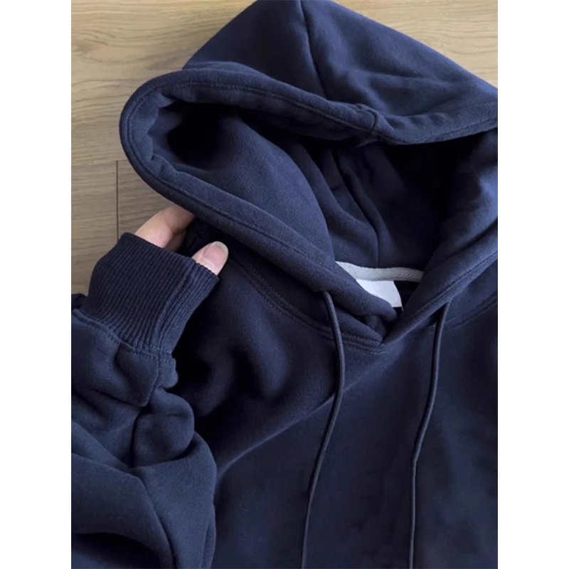 藏青色山东即墨重磅卫衣男款硬挺美式hoodie连帽纯色潮牌加厚外套