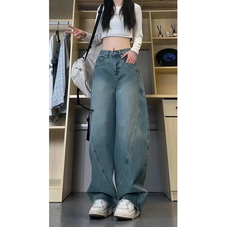 美式潮牌弯刀牛仔裤男女直筒宽松显瘦复古裤子垂感阔腿伐木工装裤