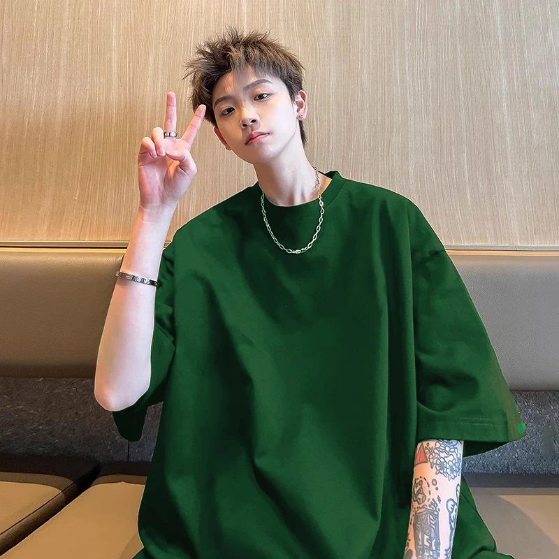 墨绿色重磅纯棉t恤男款夏季纯色百搭宽松短袖日系透气落肩五分袖