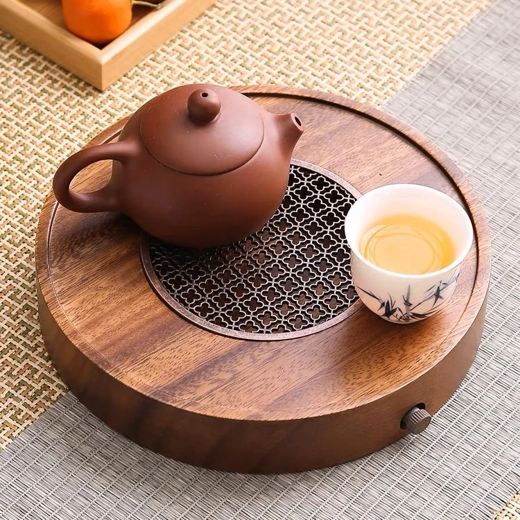 南美胡桃木正圆茶盘蓄水排水两用茶托干泡茶台 22x22x4cm HTCP-06