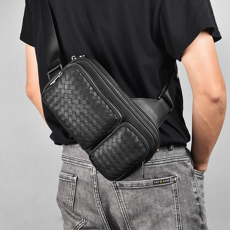 男士斜挎包真皮编织男包单肩包胸包背包多袋口机车包单肩包潮流