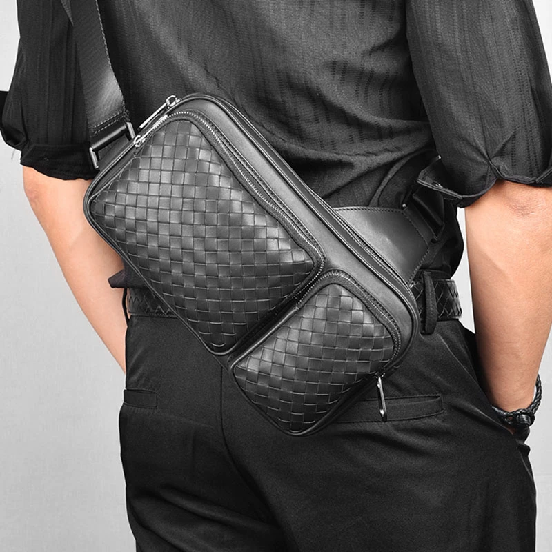 挎包男生斜挎包胸包真皮编织2024秋冬时尚多袋口大容量机能包潮牌