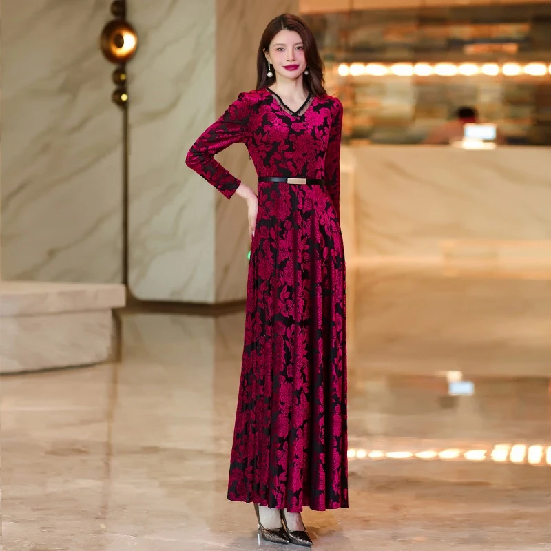 2024秋季新款高贵酒红色大气名媛优雅端庄时尚大摆连衣裙2380