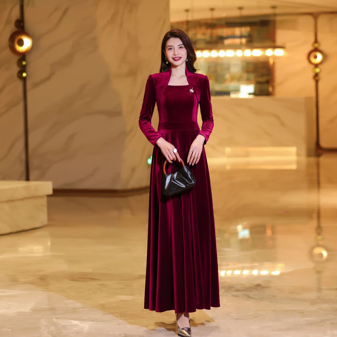 秋冬款高密金丝绒喜婆婆连衣裙长款显瘦高腰大裙摆连衣裙2336酒红