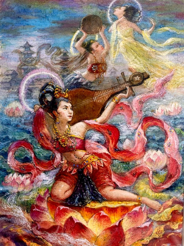 中国古典美人敦煌飞天玄关装饰画高清复刻版画