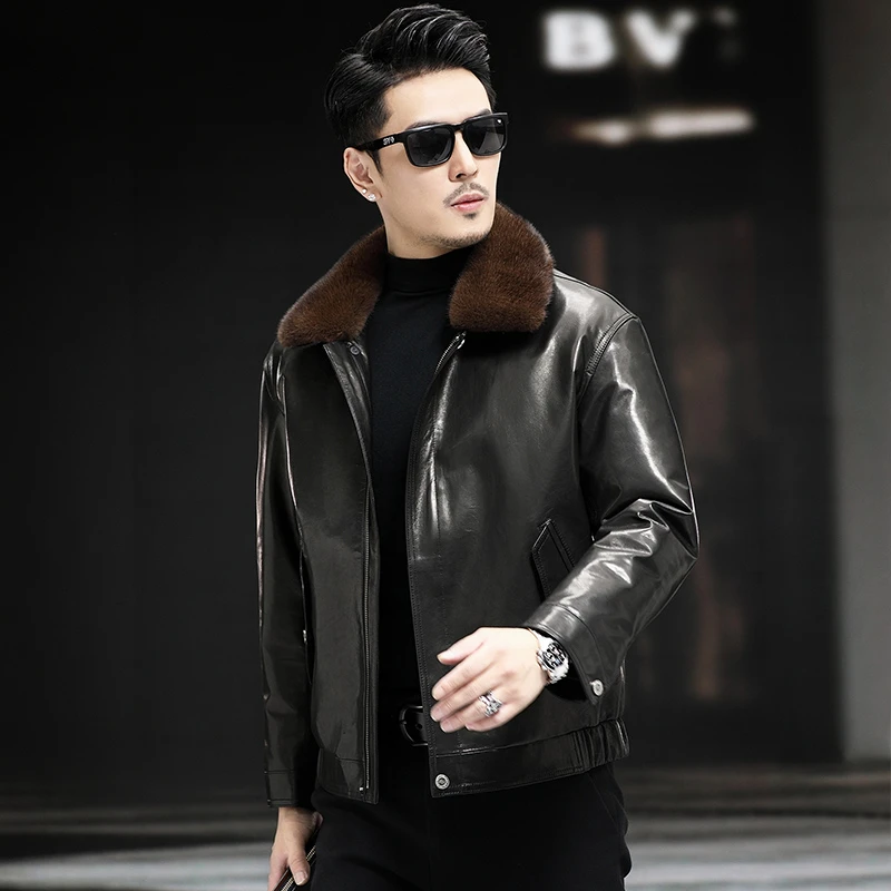 海宁头层山羊皮男羽绒服可脱卸内胆水貂毛领冬季保暖加厚23023