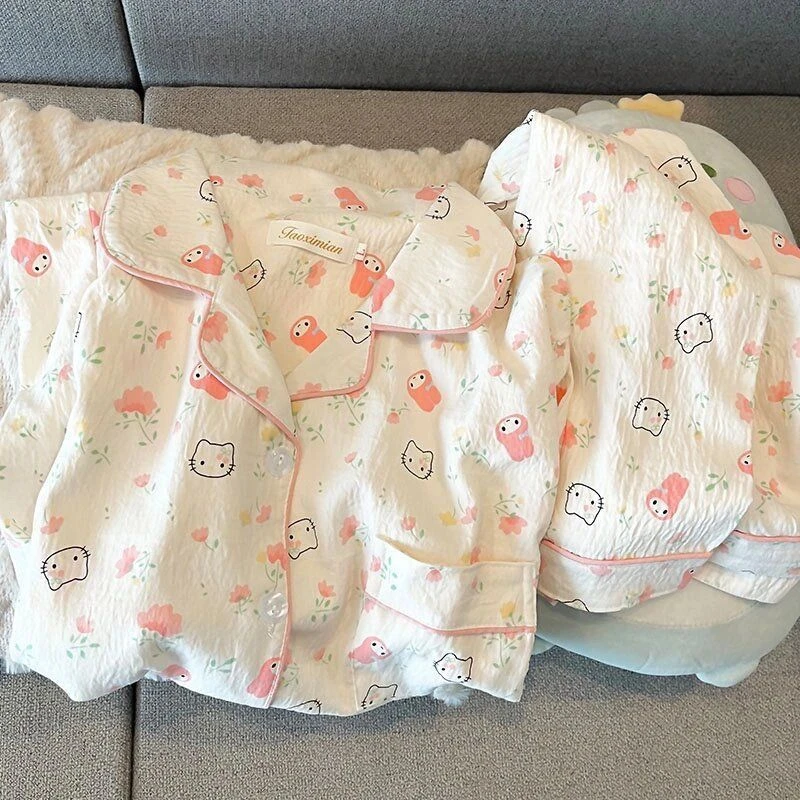 ins可爱凯蒂猫纯棉睡衣女夏季短袖薄款两件套日系卡通翻领家居服