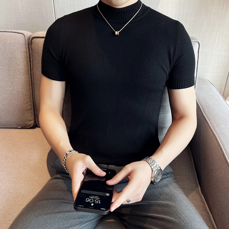 半高领短袖针织毛衣打底衫男士2023春季新款百搭纯色修身半袖T恤