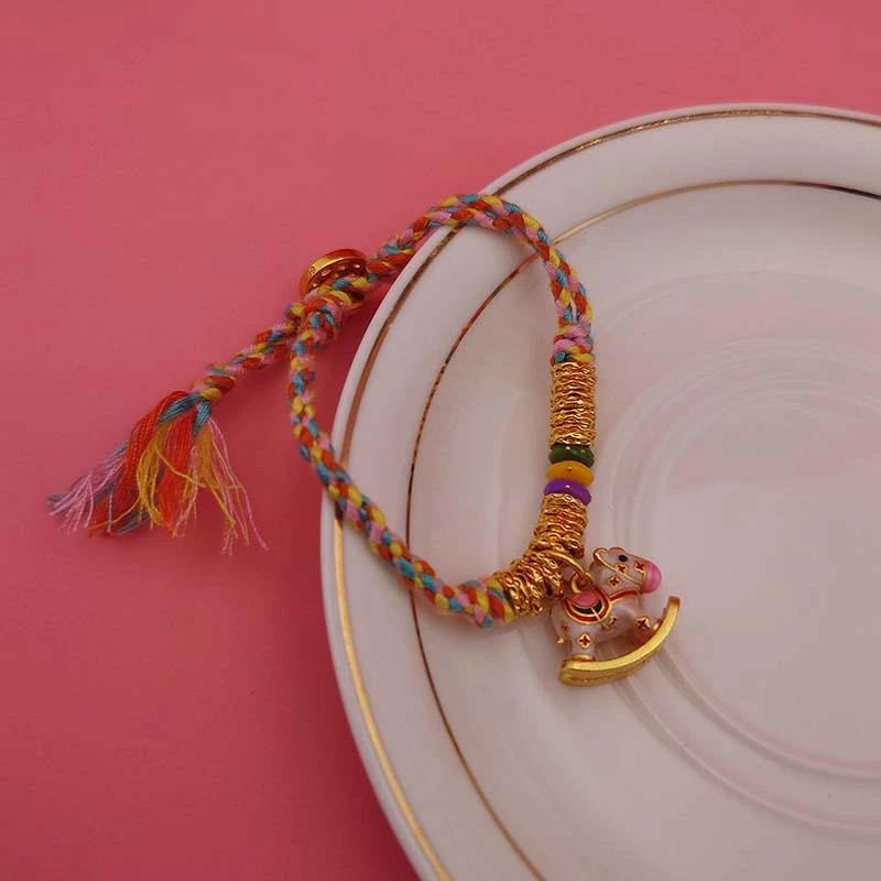 铜合金布艺手链 烧蓝彩色小木马编织盘缠手链可调节