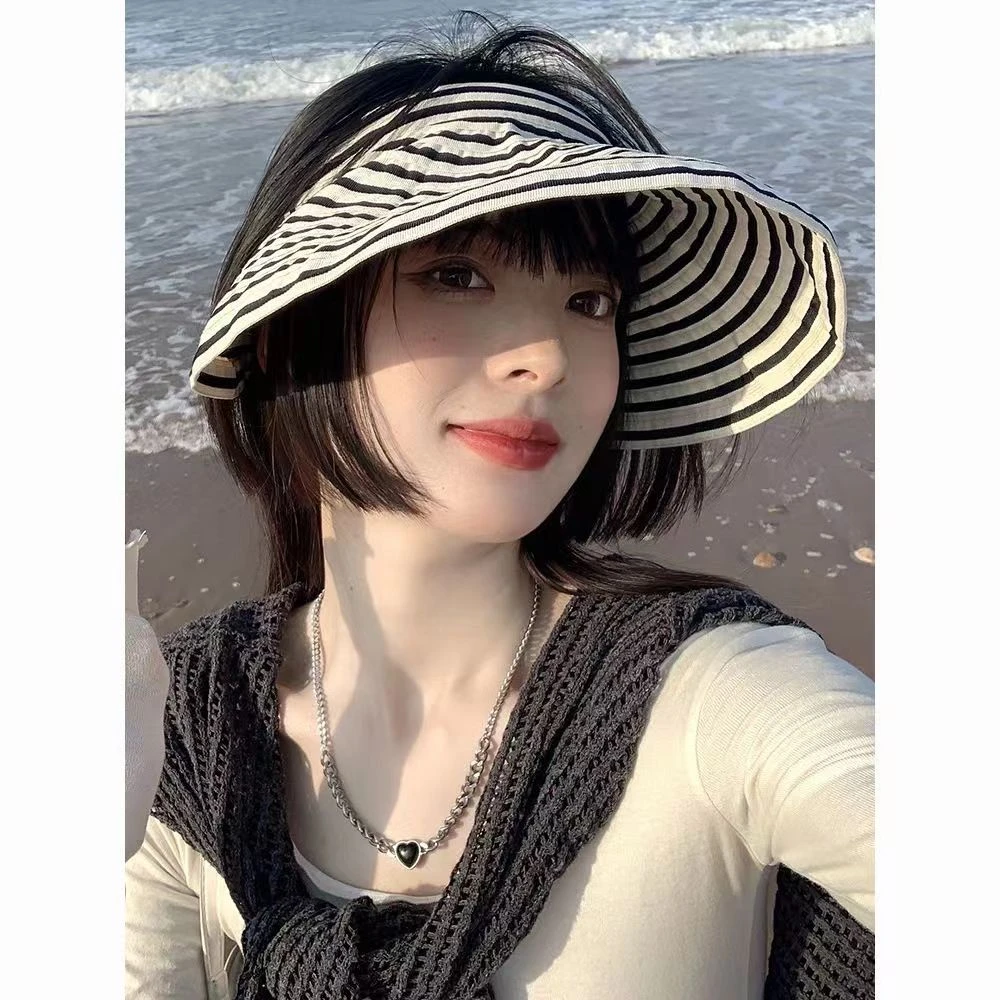 防晒帽女时尚条纹大帽檐遮阳防紫外线空顶帽户外旅行可折叠发箍帽