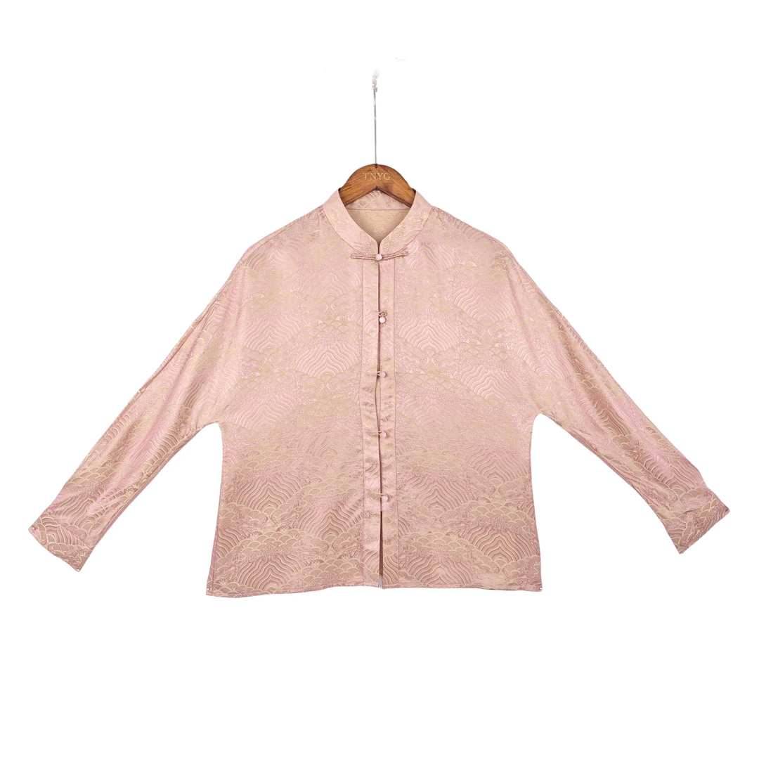 【青旋】民族风新中式桑蚕丝显气质复古百搭直襟立领长袖上衣女X005