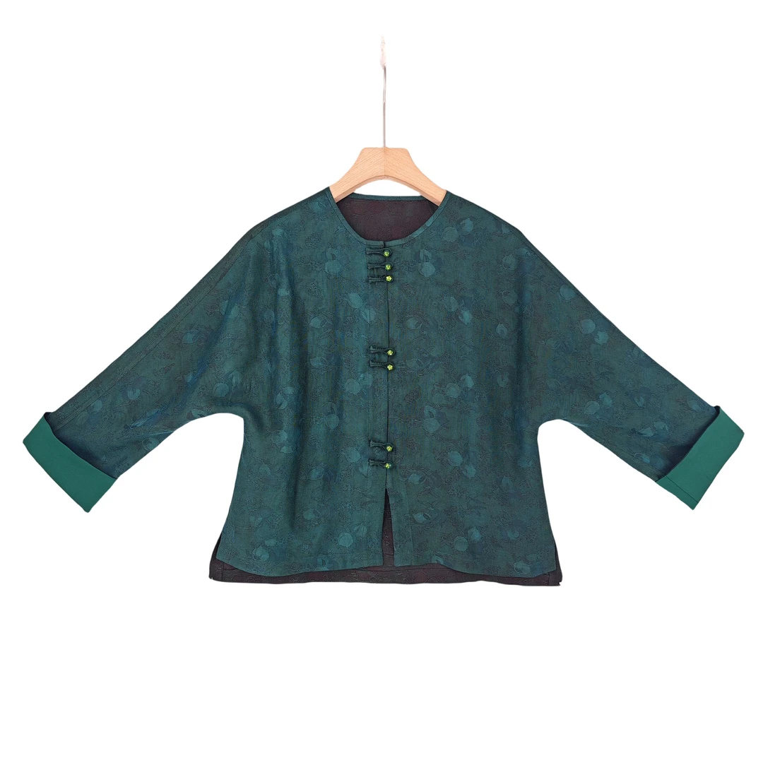 【晴川】新中式桑蚕丝国潮气质复古对襟圆领长袖外套上衣女 SW24031