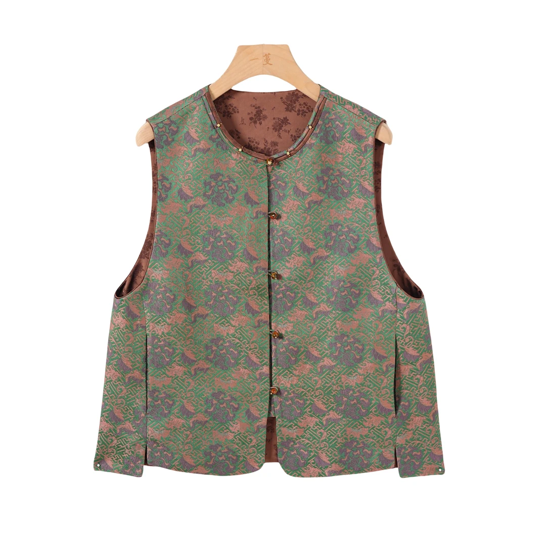 【熹悦】桑蚕丝宋锦马夹中式印花中国风复古提花马甲2413001