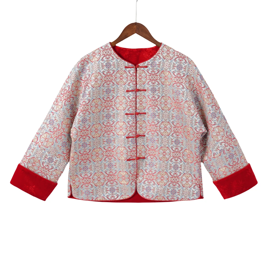 【泽瑞】桑蚕丝宋锦丝绒双面宽松上衣圆领对襟国风外套中国风F25086