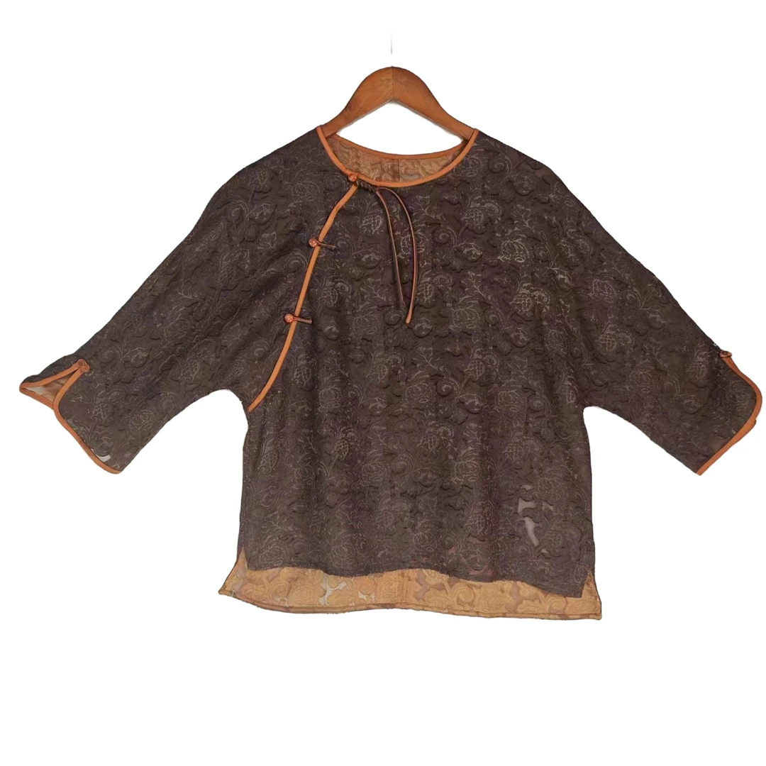 【颜汐】顺德香云纱剪花烧新中式提花复古文艺中国风上衣2310907