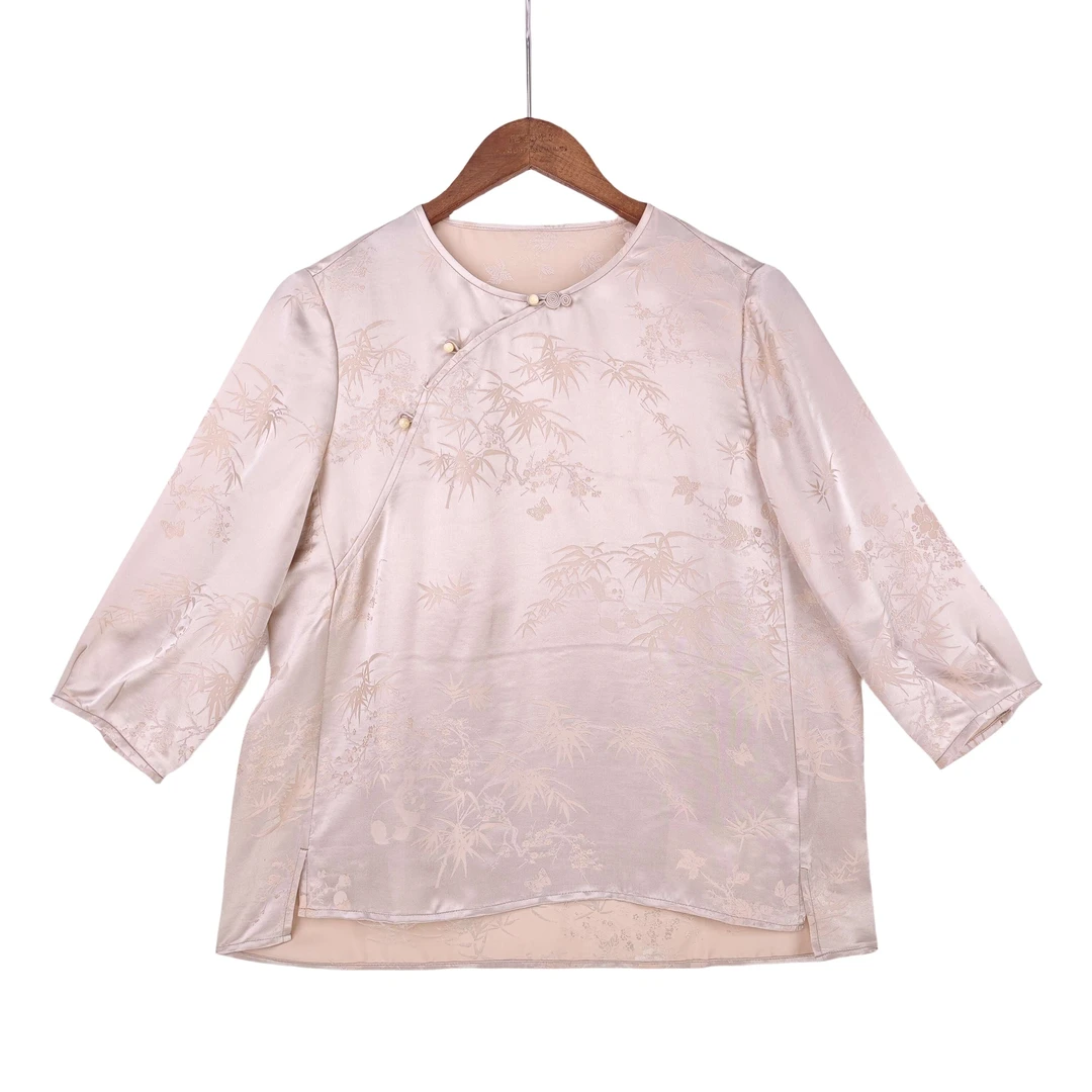 【安易】桑蚕丝新中式气质清冷感别致百搭复古斜襟圆领上衣女 90003