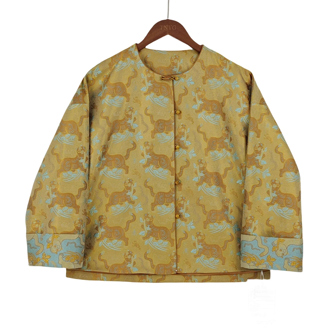 【润西】典藏版中国风桑蚕丝外套新中式直襟圆领长袖上衣 2316070