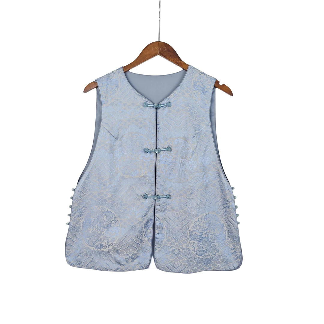 【许深】桑蚕丝新中式通勤对襟中国风女士复古提花马甲国风210B