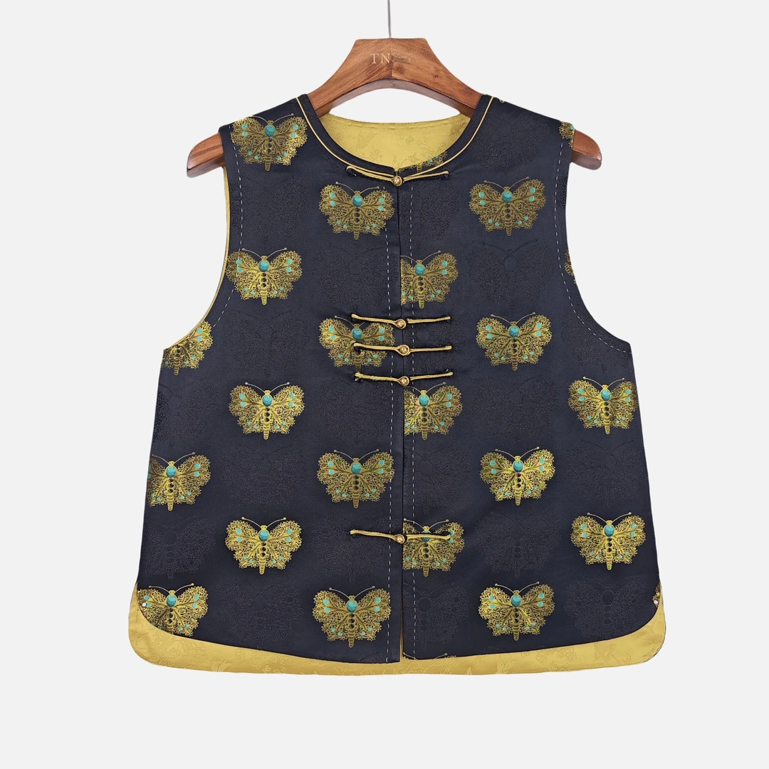 【绣蝶】桑蚕丝宋锦马夹中国风新中式复古圆领直襟马甲女2416837