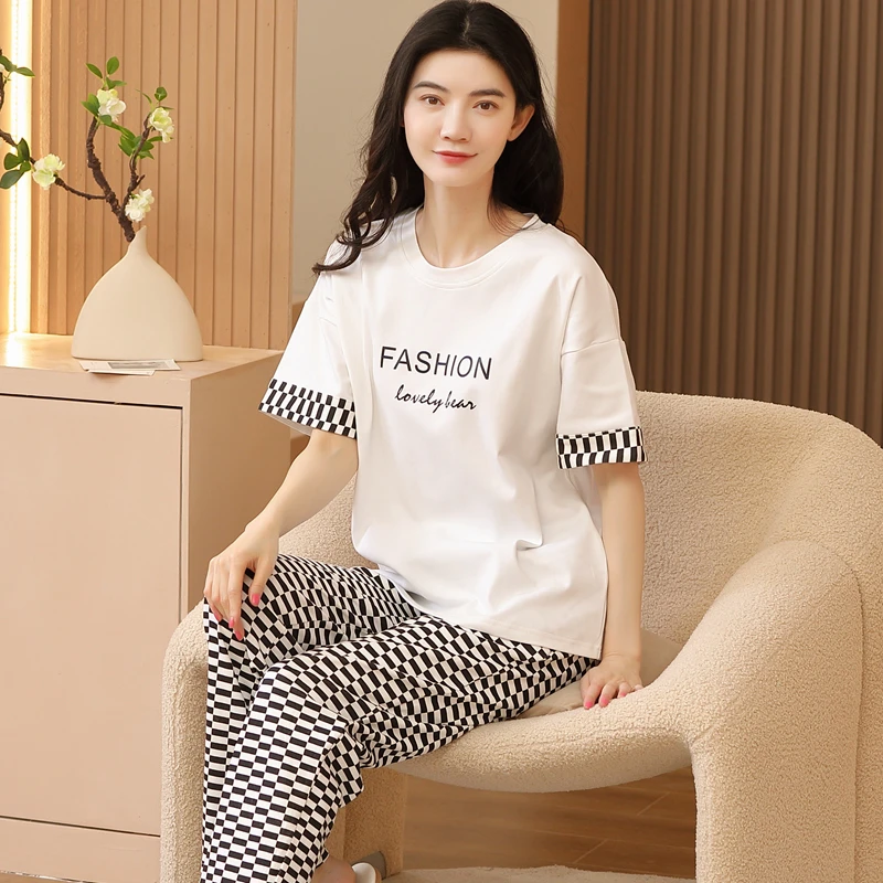女士睡衣纯棉宽松短袖长裤夏薄款休闲简约圆领套头舒适家居服套装