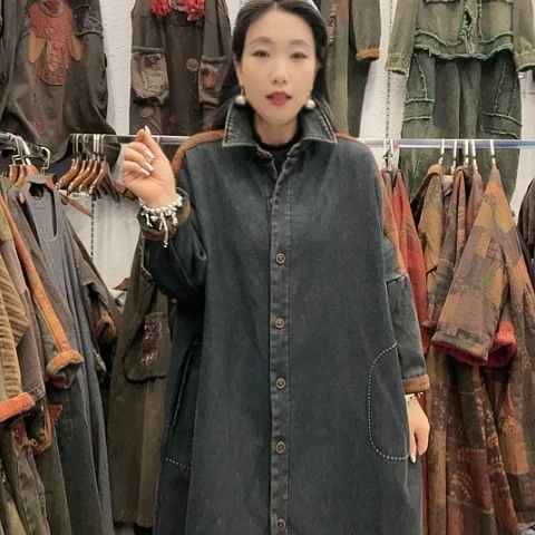 招财猫做旧牛仔加宝宝绒大衣