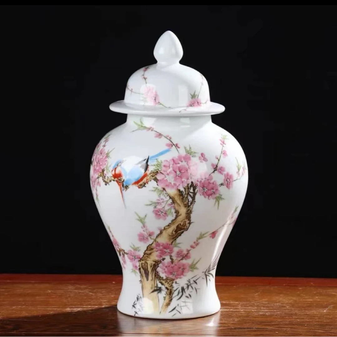 【赵氏瓷业】水点桃花将军罐+底座XD-ZH-XD265