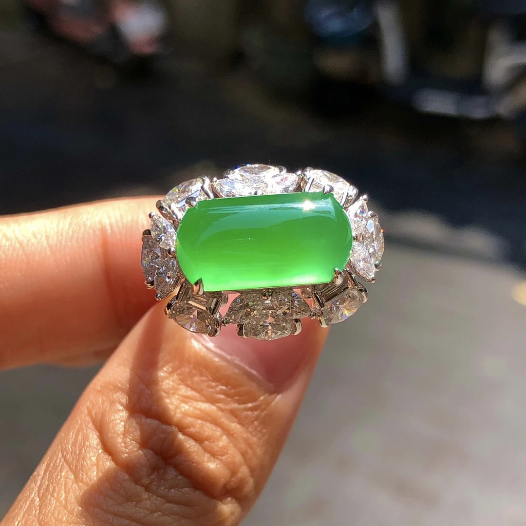 缅甸天然A货翡翠木纳马鞍戒18k金镶嵌