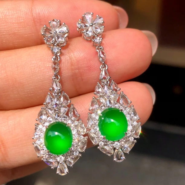 缅甸天然A货翡翠木纳阳绿蛋面耳坠耳饰18k金镶嵌奢华