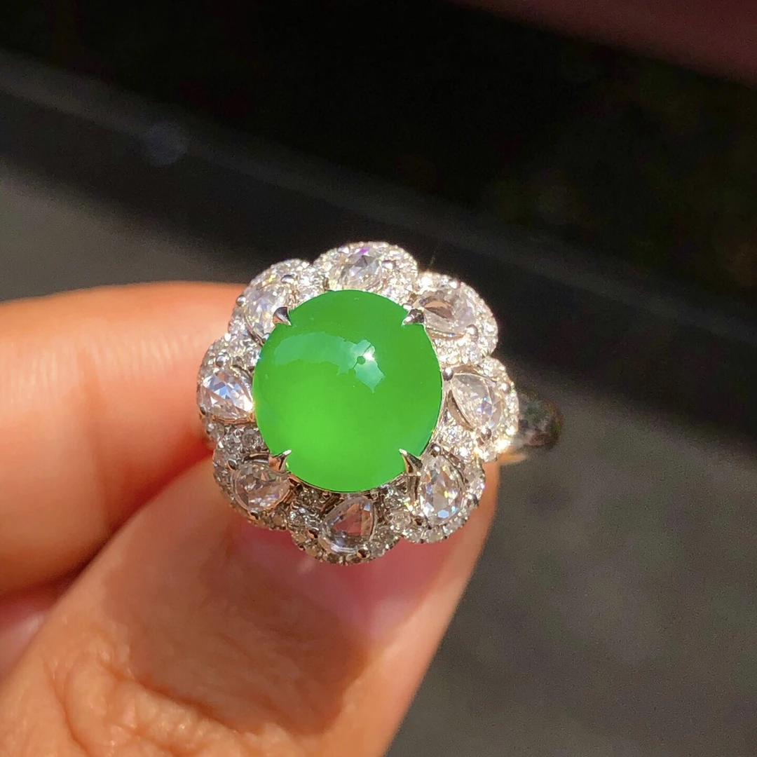 缅甸天然A货翡翠正阳绿蛋面戒指18k金镶嵌