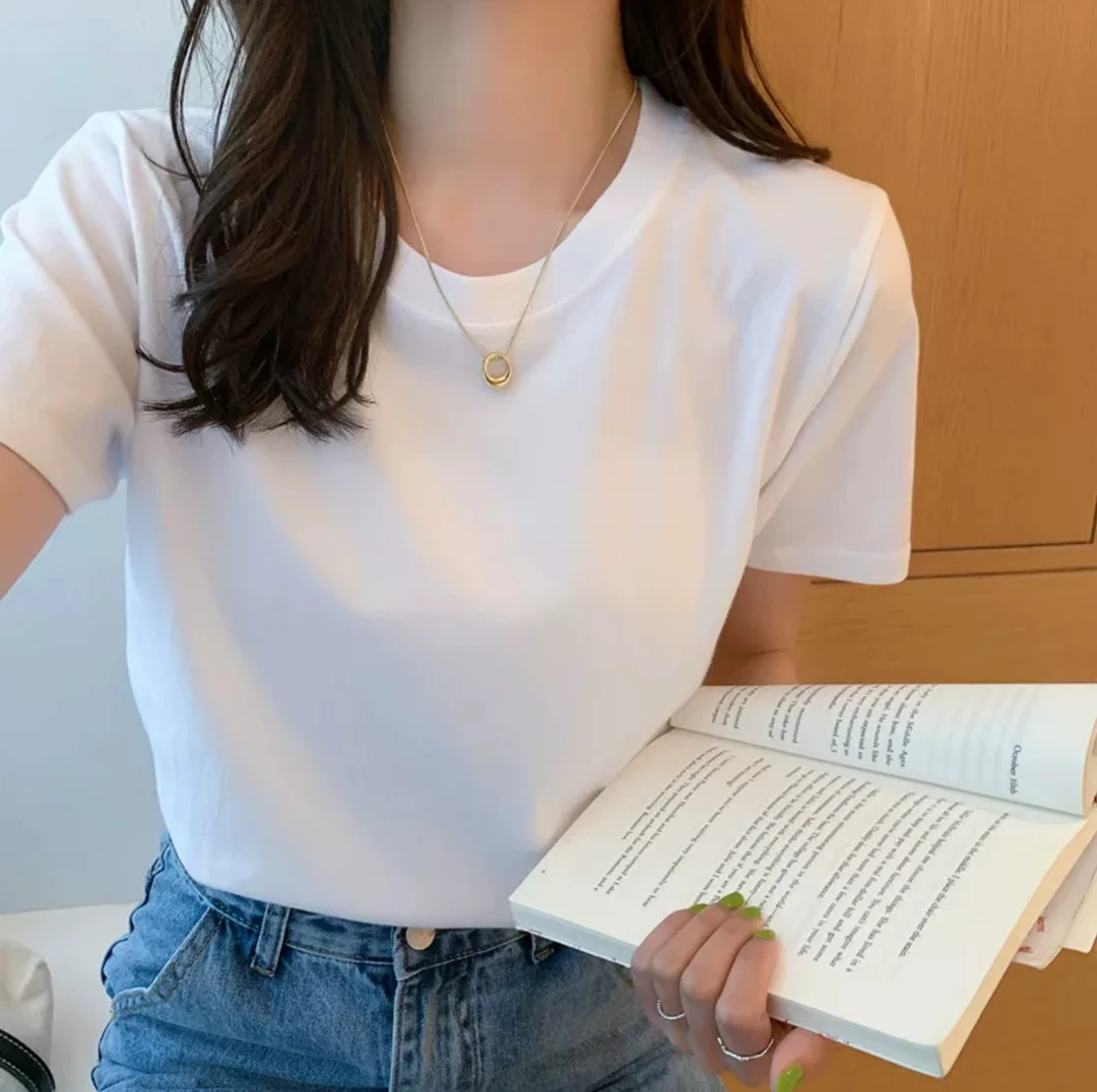 【紫皇冠】716#圆领短袖女弹力棉小香风百搭纯色打底t恤白色