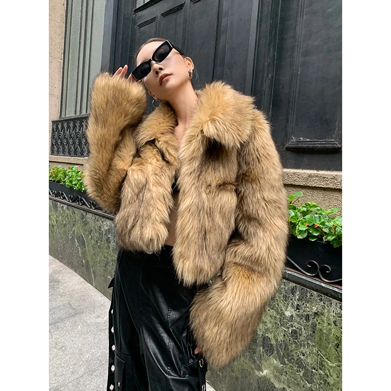 2024冬季新款环保毛毛辣妹中古慵懒休闲仿狐狸毛短外套复古