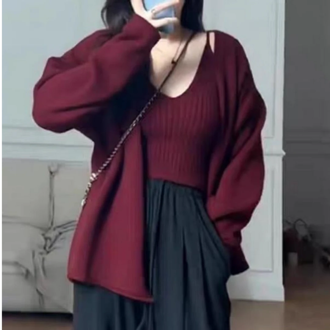 【大码】073松弛感慵懒风软糯毛衣开衫吊带背心两件套巨显瘦套装