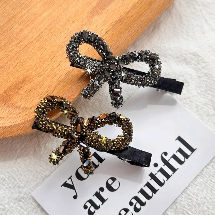 VAMER 合金发饰 韩轻奢水晶蝴蝶结边夹鸭嘴夹气质碎钻发夹刘海夹