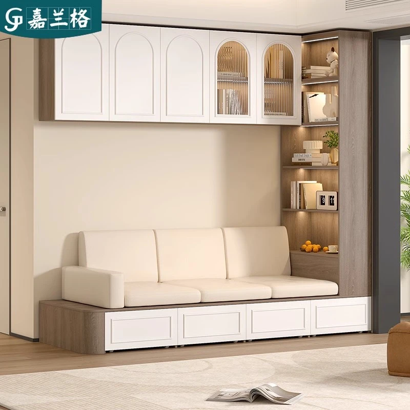 复古风定制客厅地台沙发卡座书柜一体去客厅化满墙收纳储物柜9F82