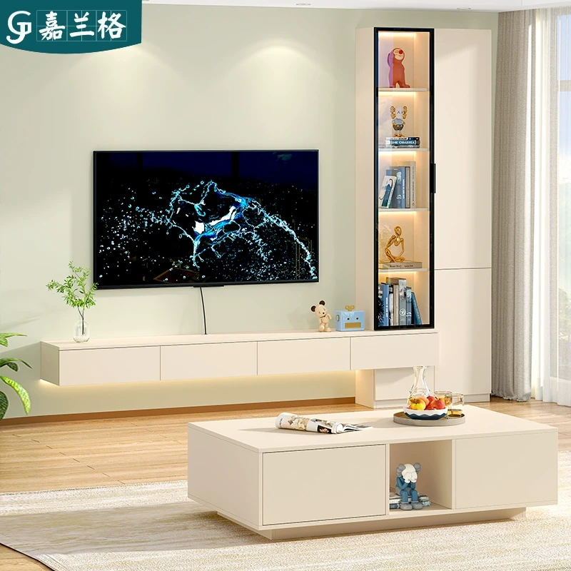 奶油风悬浮悬空电视柜现代客厅家用悬挂电视柜背景墙柜储物柜9D68