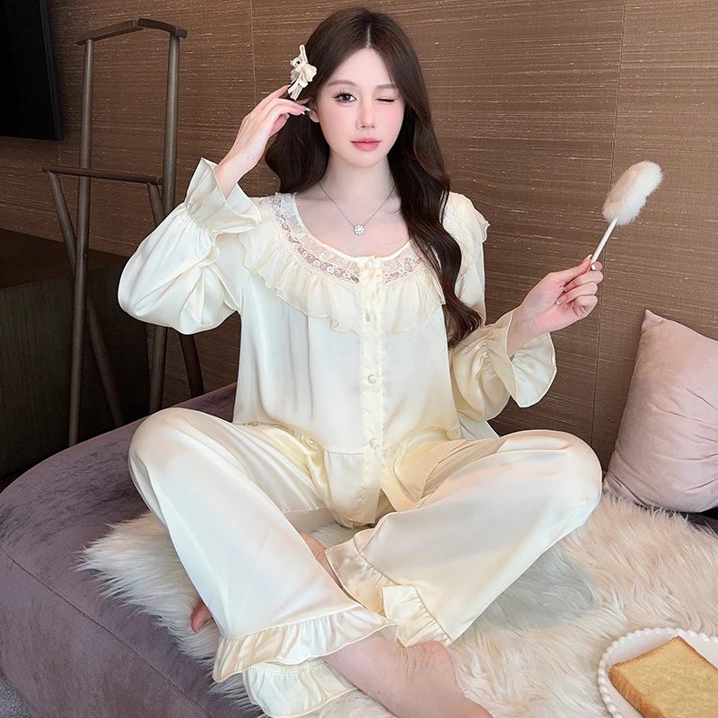 睡衣女秋季2024纯色纯欲风新款冰丝长袖家居服甜美花边纯欲风套装