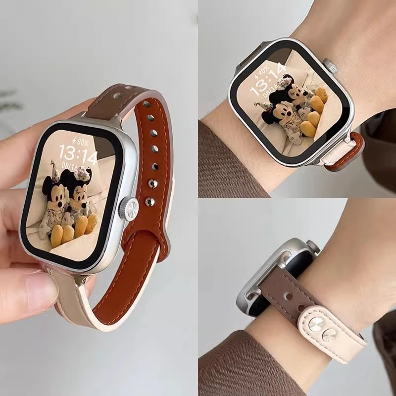 适用红米watch4表带秋冬新款redmi皮质智能手表watch4代腕带双钉