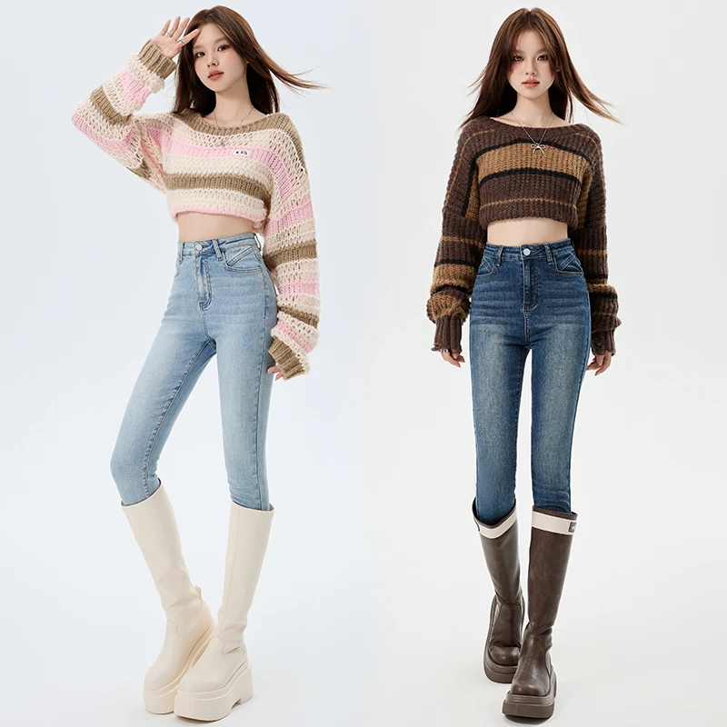 高腰牛仔裤女浅蓝色提臀靴裤显瘦修身小个子九分紧身铅笔小脚裤子