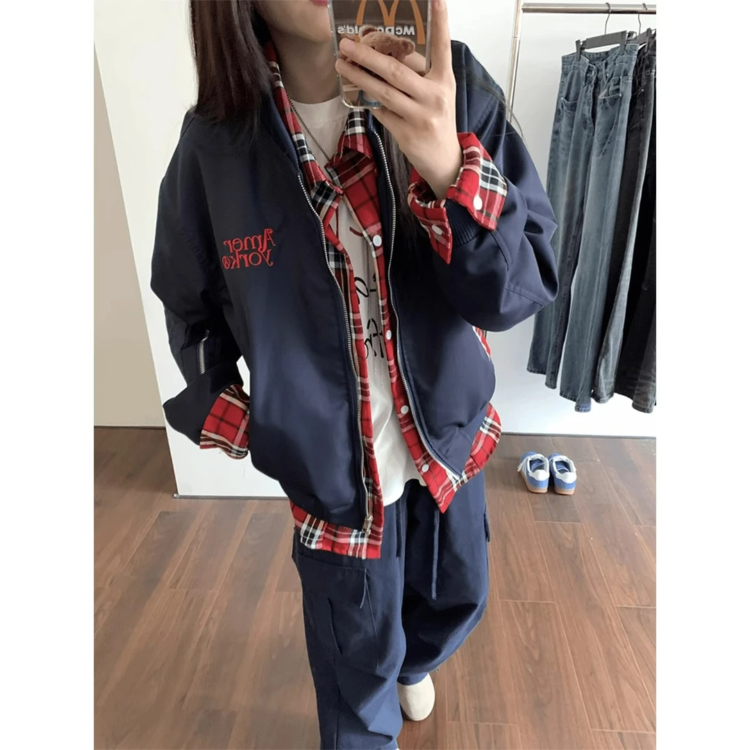 飞行员藏青色假两件夹克男女设计感拼接衬衫格子秋季外套