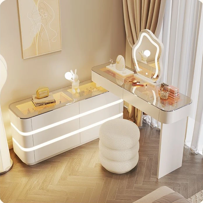 2024新款奶油风抽屉氛围灯梳妆台收纳柜一体简约伸缩化妆桌透明促