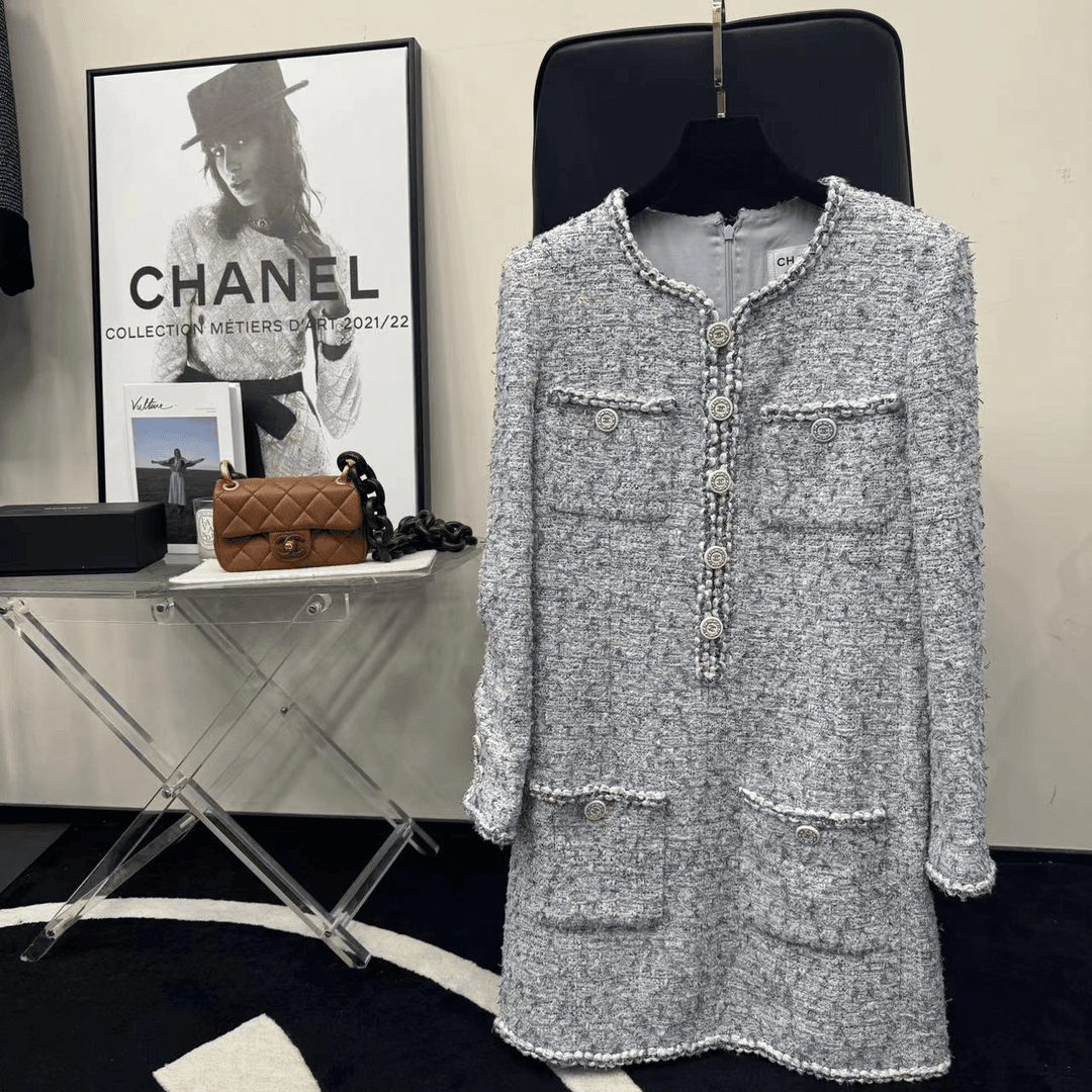 Chanel 19C邮轮系列蓝白细闪粗花呢蝴蝶连衣裙 36码